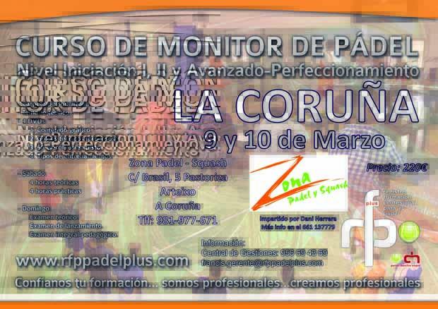 Curso Monitor de  Pádel RFP Pádel Plus, La Coruña 9-10 Marzo