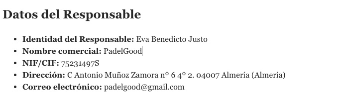 Responsable padelgood Aviso legal